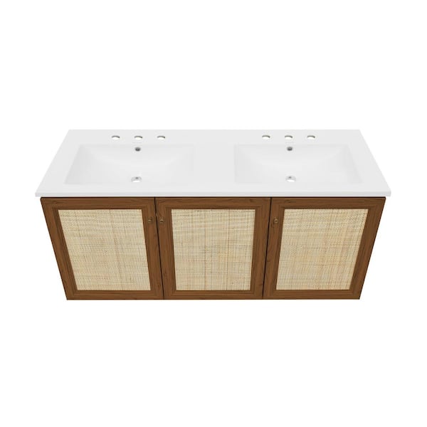 Classe 48 in. Wall-Mounted Bathroom Vanity in Brown Oak with White Ceramic 3-Hole Widespread Double Basin Sink Top
