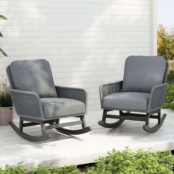 Unbranded Gray Wood Outdoor Rocking Chair with Gray Cushions, Accent Outdoor Rocker for Patio, Balcony or Garden Backyard-Set of 2