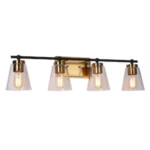 Cucko 29 in. 4-Light Brass Gold Modern Bathroom Vanity Light, Cone Clear Glass Bath Lighting, Black Indoor Wall Sconce