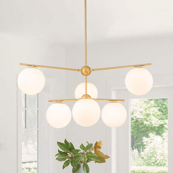 Ceder 6-Light 43.3 in.W Brushed Gold Chandelier Mid-Century Sputnik Dining Room Chandelier with Frosted Opal Glass Globe