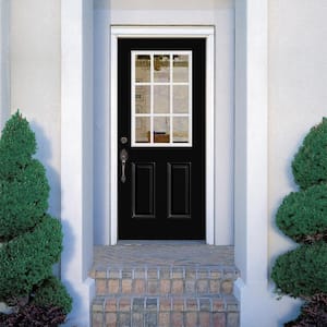 32 in. x 80 in. 9 Lite Jet Black Right-Hand Inswing Painted Smooth Fiberglass Prehung Front Door with No Brickmold