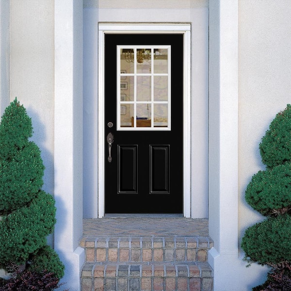 36 in. x 80 in. 9 Lite Jet Black Left Hand Inswing Painted Smooth Fiberglass Prehung Front Exterior Door, Vinyl Frame