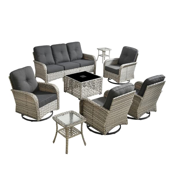 Beverly Gray 8-Piece Wicker Patio Conversation Sofa Seating Set with Swivel Chairs and Black Cushions