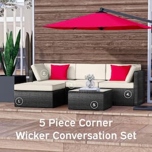 5-Piece Black Wicker Steel Outdoor Sectional Patio Furniture Corner Sofa Set and Coffee Table with Off White Cushions