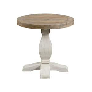 26 in. Brown and White Round Wood End Table with Pedestal Base