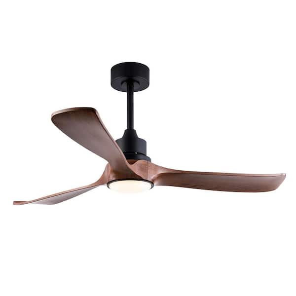 52 in. Smart Black 6-Speed Brown Blades 2-Size Downrod Mount Standard Ceiling Fan with 3-Color Dimmable LED Light
