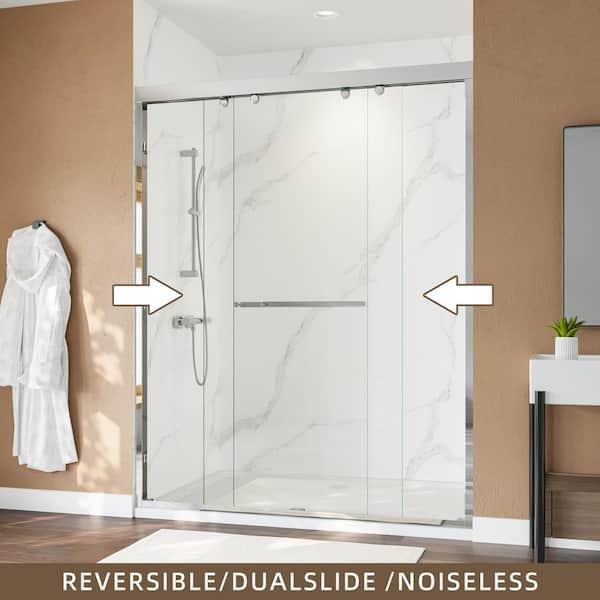 Reversible 56-60 in. W x 76 in. H Framed Double Sliding Shower Door in Chrome Finish with Easy-Clean Glass and Towel Bar