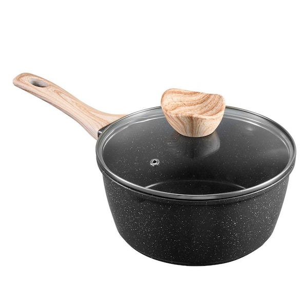 2.5 qt. Aluminum Alloy Nonstick Sauce Pan in Black with Lid, Multipurpose Pot with Removable Handle, Induction Ready