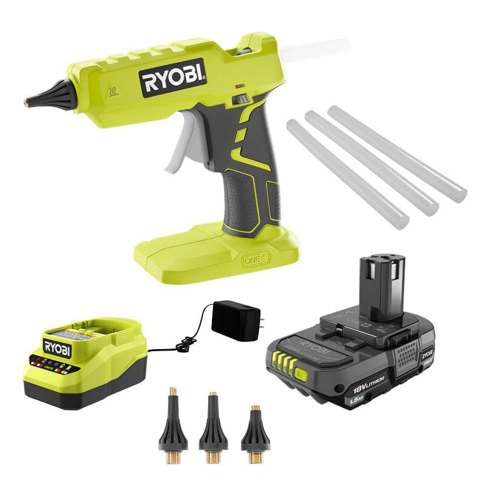 ONE+ 18V Cordless Full Size Glue Gun Kit with 1.5 Ah Battery, Charger, (3) Glue Sticks, and 3 Piece Accessory Nozzles -  RYOBI, P305K1A193302