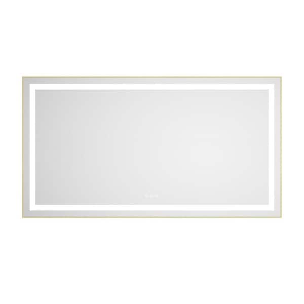 55 in. W x 30 in. H Rectangular Aluminum Framed LED Anti-Fog Wall Mounted Bathroom Vanity Mirror in Brushed Gold