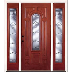 63.5 in.x81.625in.Carmel Patina Center Arch Lt Stained Cherry Mahogany Rt-Hd Fiberglass Prehung Front Door w/Sidelites