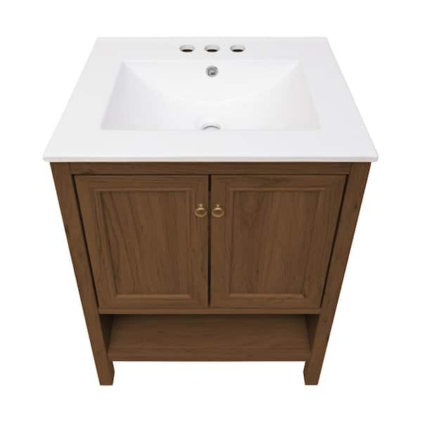 Chateau 24 in. Freestanding Bathroom Vanity in Brown Oak with White Ceramic 3-Hole Centerset Sink Top