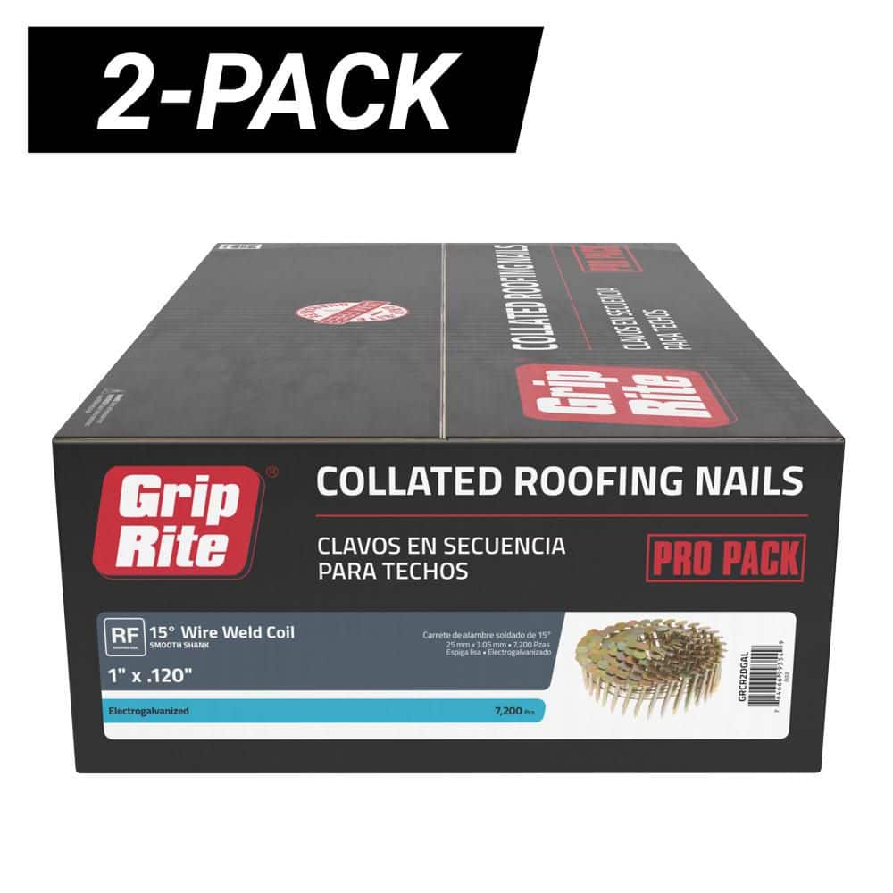 2-Pack 1 in. x 0.120 in. Gauge 15° Wire Collated Electrogalvanized Smooth Shank Coil Roofing Nails 14400 per Bundle price history on PriceWatchPro