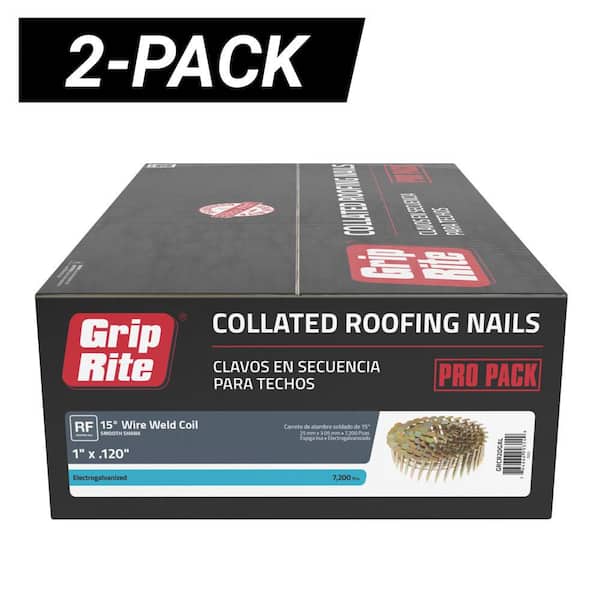 2-Pack 1 in. x 0.120 in. Gauge 15° Wire Collated Electrogalvanized Smooth Shank Coil Roofing Nails 14400 per Bundle