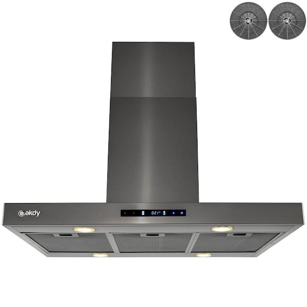 AKDY 36 in. 343 CFM Convertible Island Mount Range Hood with Lights and Touch Control in Black Stainless Steel