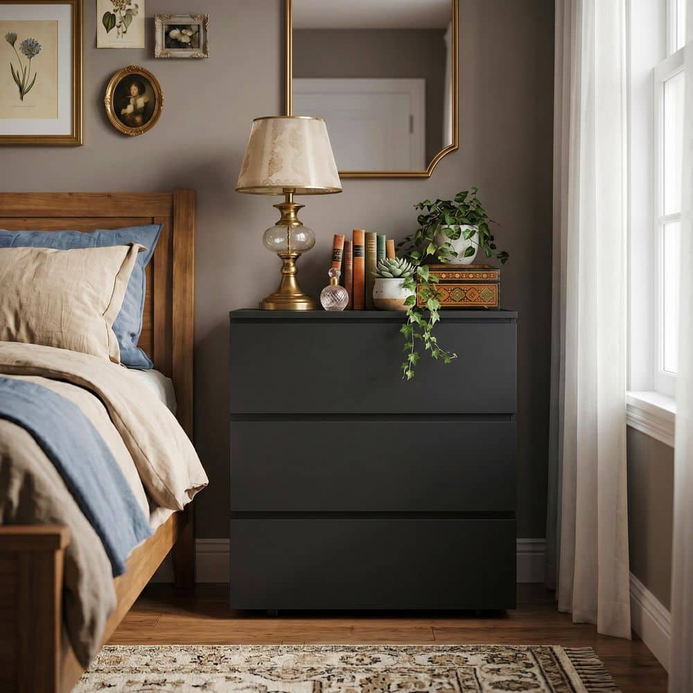 Kingdely 3-Drawer Black Wood 30 in. W Chest of Drawers Bedside Table Storage Dresser Freestanding Cabinet