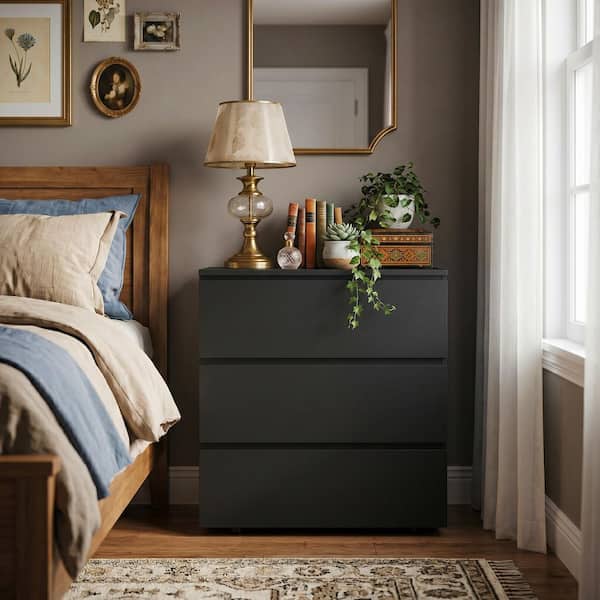 Kingdely 3-Drawer Black Wood 30 in. W Chest of Drawers Bedside Table Storage Dresser Freestanding Cabinet