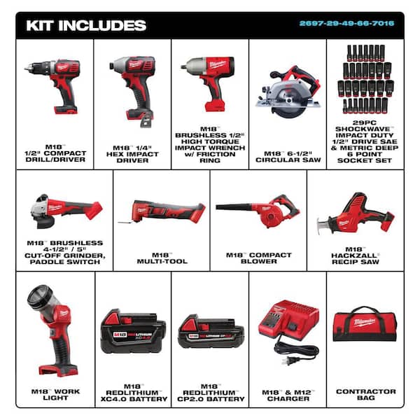 M18 18-Volt Lithium-Ion Cordless Combo Kit 9-Tool with 2-Batteries, Charger and Tool Bag w/ Impact Socket Set
