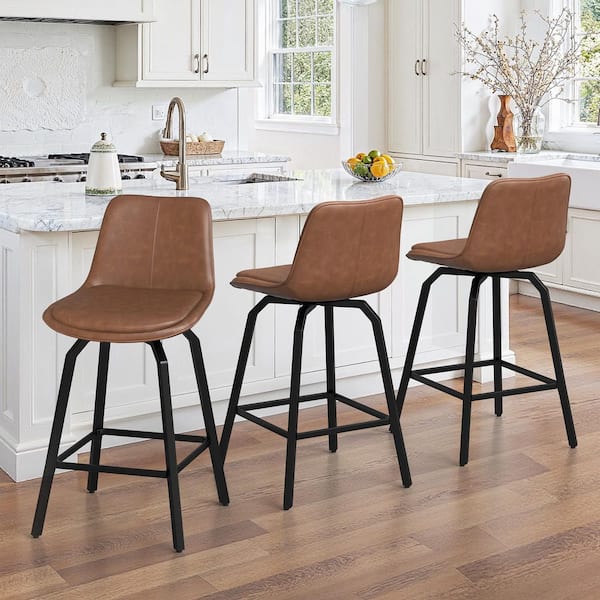 37 in. YANNISH Brown Faux Leather Counter Height Stool Metal Frame Double-cushioned Swivel Bar Stool(Set Of 3)