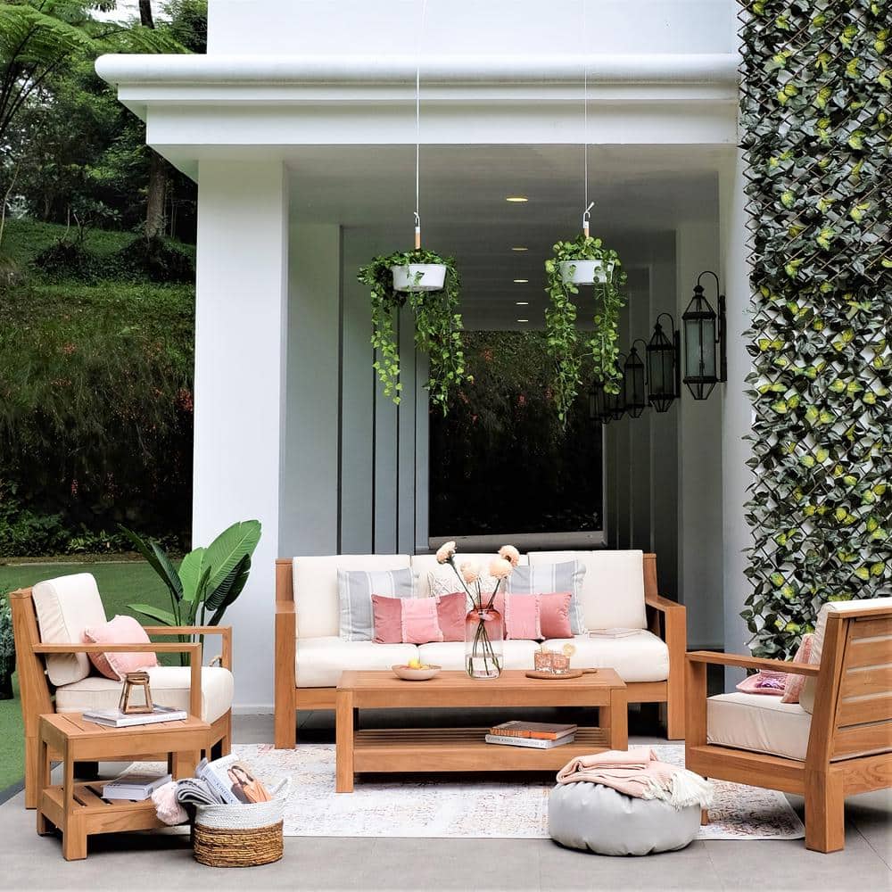 Largo 5-Piece Premium Indonesia Teak Wood Patio Conversation Set with Sunbrella Vellum Cushion