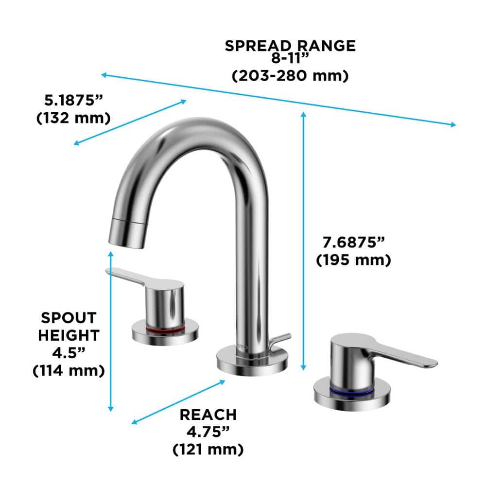 Chrome Modern Widespread Bathroom Faucet with Drain Assembly