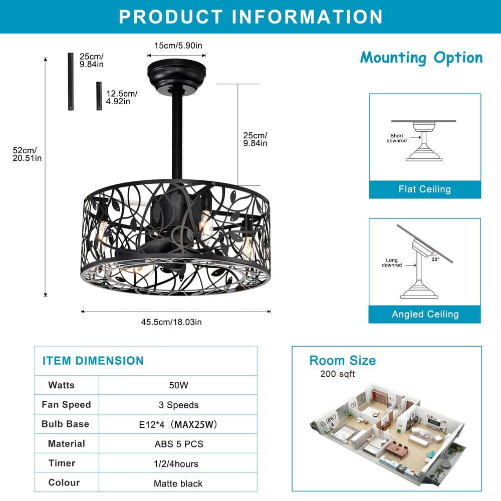 18" Matte Black Caged Ceiling Fan with Remote and Light