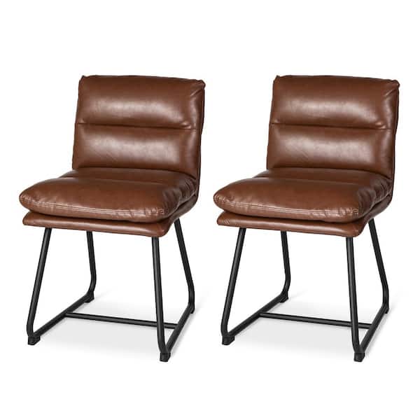 Glitzhome Mid-Century Modern Brown Thick Leatherette Dining Chair with Metal Legs (Set of 2)