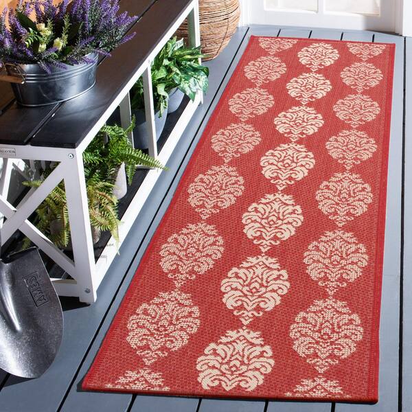 Courtyard Red/Natural 2 ft. x 14 ft. Floral Indoor/Outdoor Patio  Runner Rug