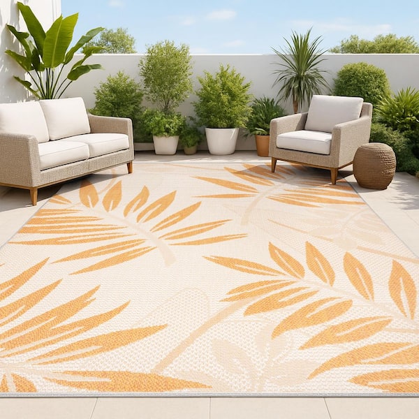 Cream/Orange 8 ft. x 10 ft. Havana Tropical Palm Leaf Indoor/Outdoor Area Rug