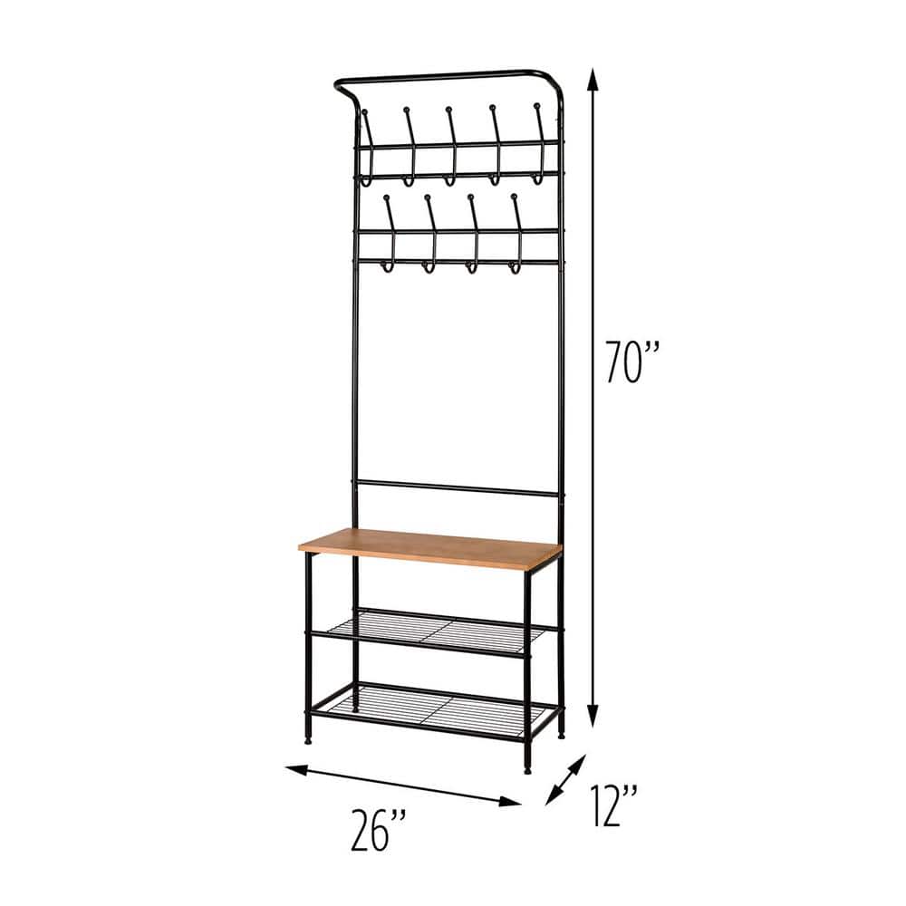 Versatile Black Metal Entryway Storage Valet with Bench and Hooks