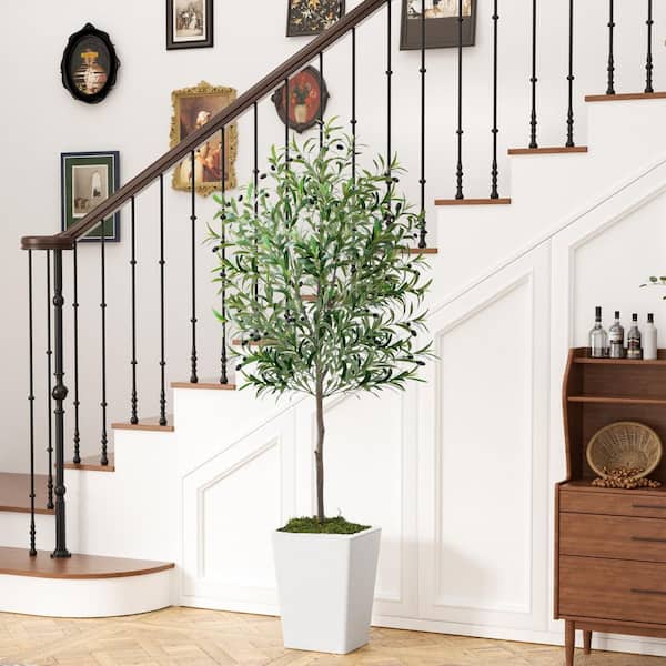 6 ft. Artificial Olive Tree in White Pot with Silk Leaves with Moss, Realistic Indoor Plant for Home & Office Decor