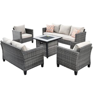 Lake Powell Gray 5-Piece Wicker Patio Conversation Fire Pit Seating Sofa Set with a Loveseat and Beige Cushions