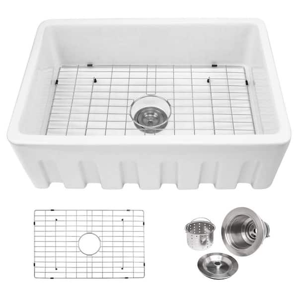 JimsMaison White Ceramic 30 in. Single Bowl Farmhouse Apron Kitchen Sink with Bottom Grid