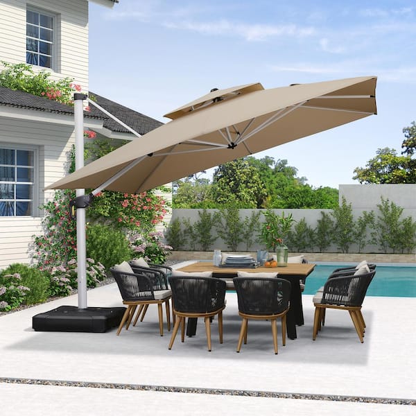 PURPLE LEAF 12 ft. Square High-Quality Aluminum Cantilever Polyester Outdoor Patio Umbrella with Stand, Beige