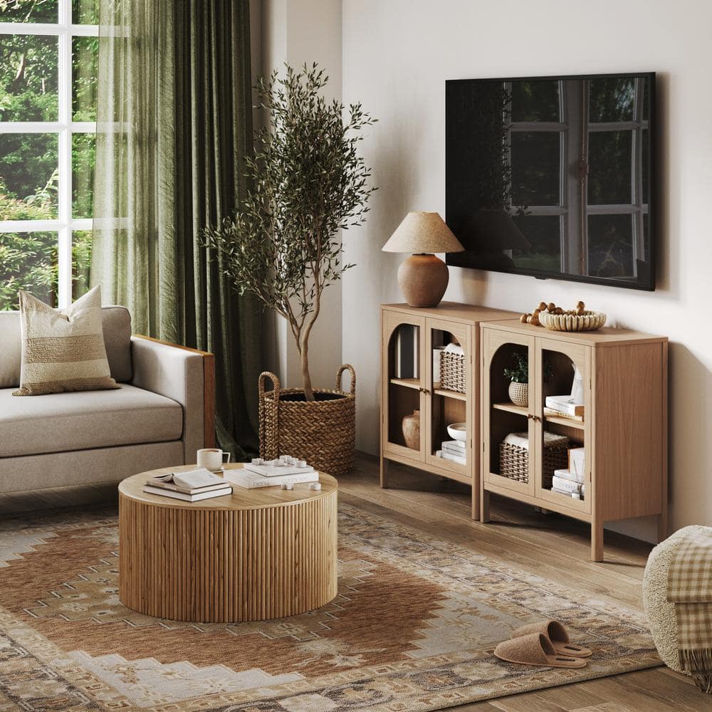 Raw Oak Modern Farmhouse Sideboard Buffet with Glass Doors