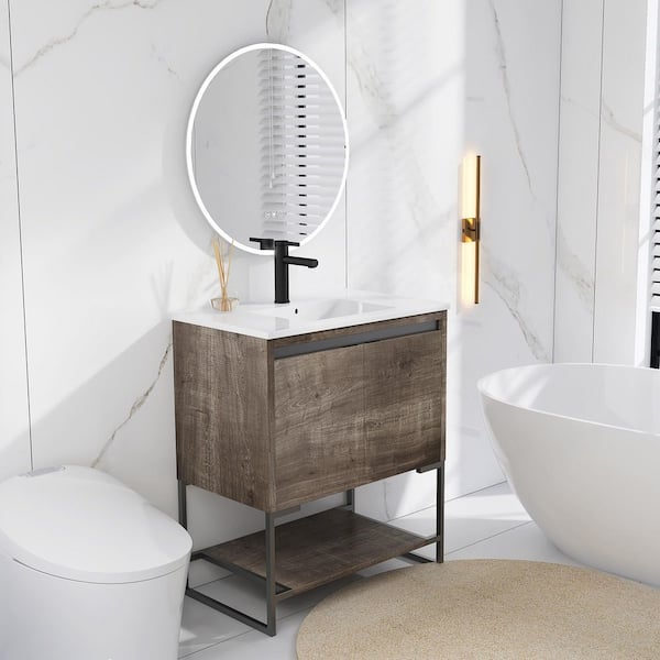 tunuo 30 in. W x 18.3 in D. x 35 in. H Bath Vanity in Brown with White Ceramic Top with White Sink