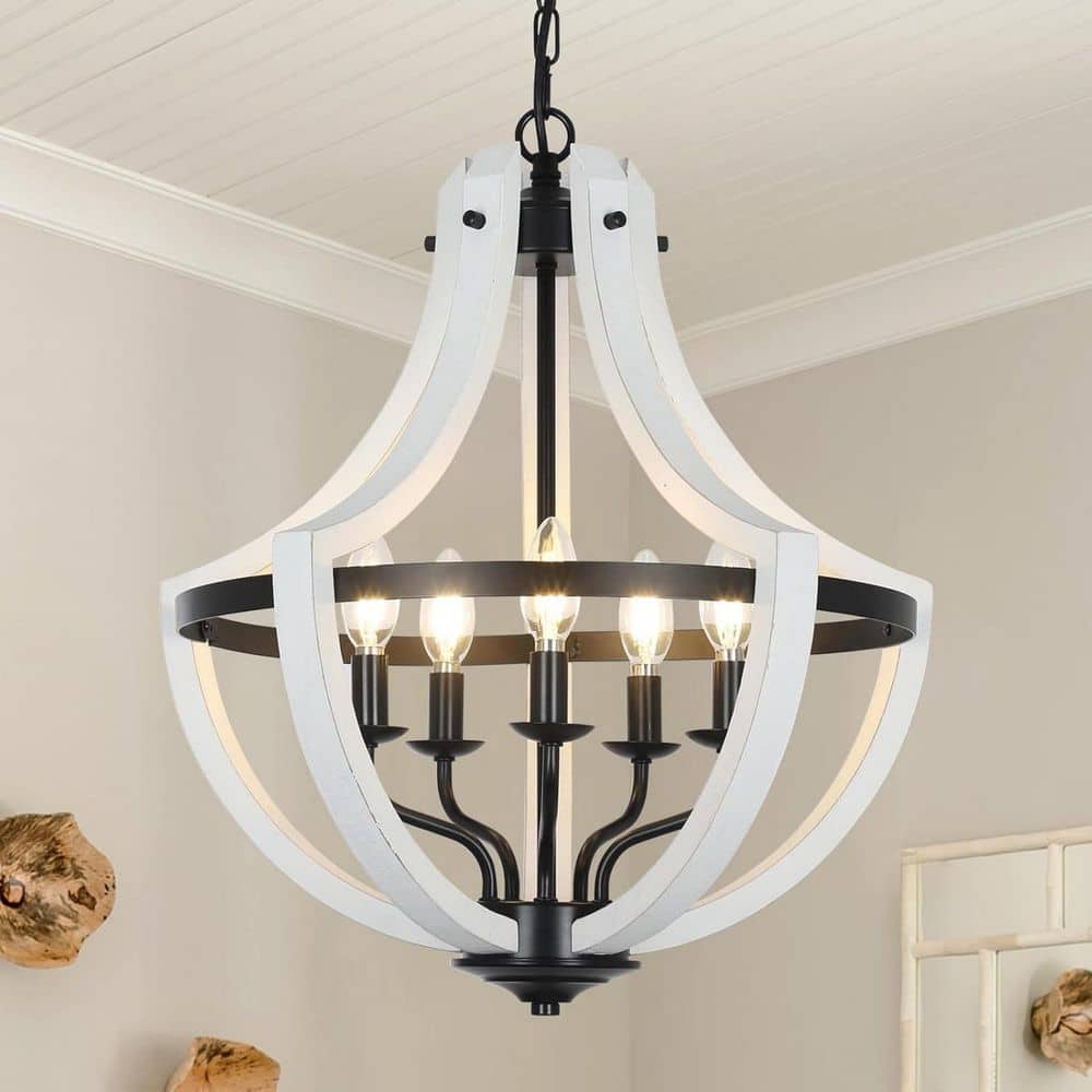 Rustic Harmony Series 5-Light White Wood and Black Metal Dual-Mount Drum Chandelier for Dining Room(No Bulbs) price history on PriceWatchPro