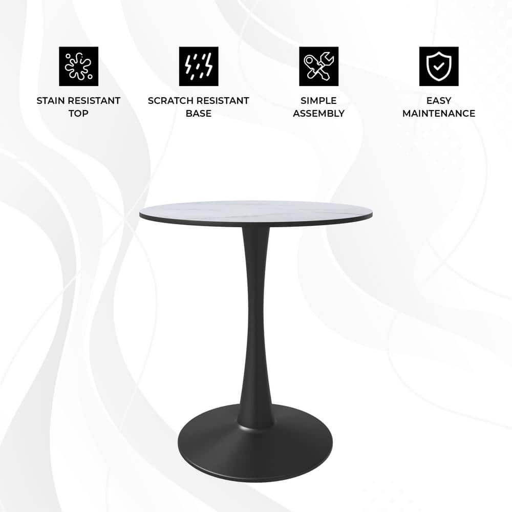 24" Round Marbled White MDF Dining Table with Black Steel Pedestal Base
