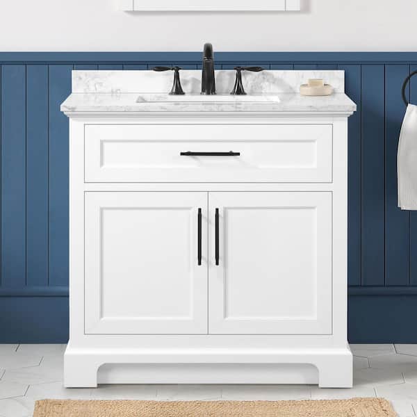 Doveton 36 in. Single Sink Freestanding White Bath Vanity with White Engineered Marble Top (Assembled)