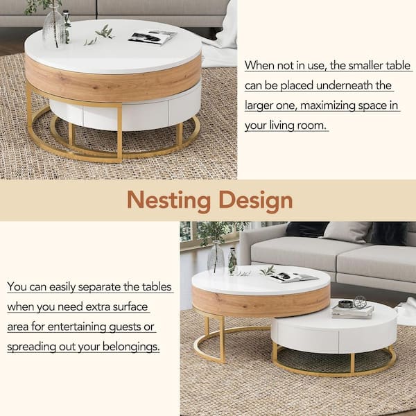 Modern Nesting 31.5 in. Golden White Round MDF Lift-top Coffee Table with  Drawers YYmd-CA-16 - The Home Depot