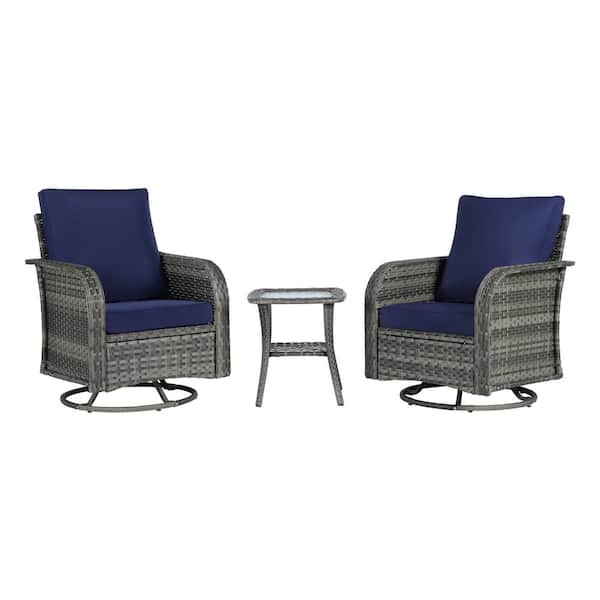 BFB 3-Piece Patio Wicker Swivel Chair Outdoor Bistro Set with Side Table, Navy Blue Cushions