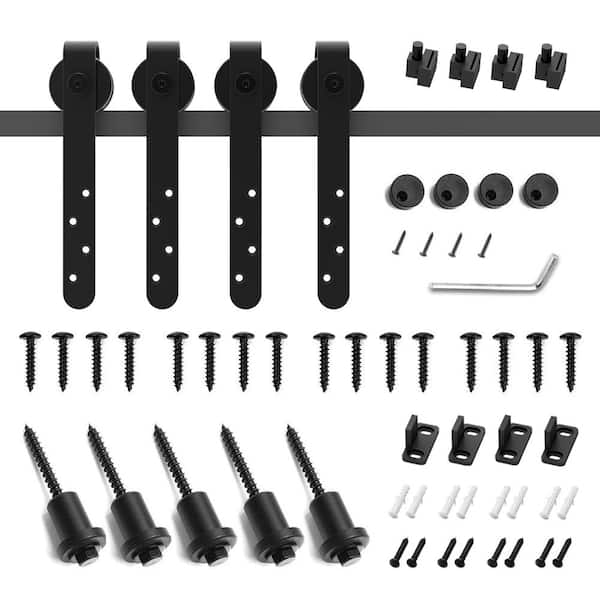 6 ft./72 in. Mini Black Steel Bent Strap Sliding Barn Door Track and Hardware Kit for Double Doors with Floor Guide