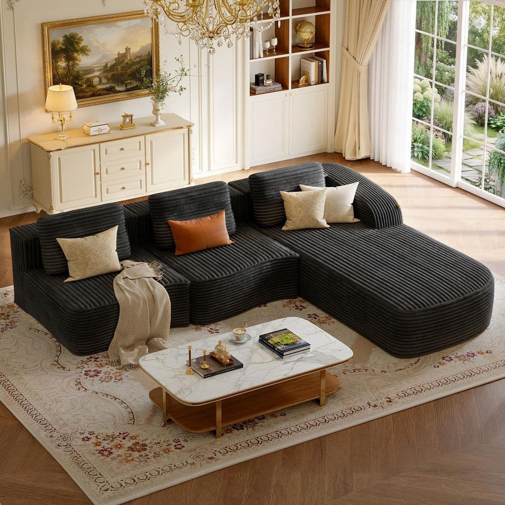 111.8 in. Wide Modern Wave Curved Striped Fabric L-Shape Modular Sectional Sofa in. Black with Right-Facing Chaise
