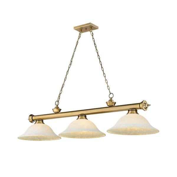 Unbranded Cordon 3-Light Rubbed Brass Plus Billiard Light White Mottle Glass Shade with No Bulbs Included