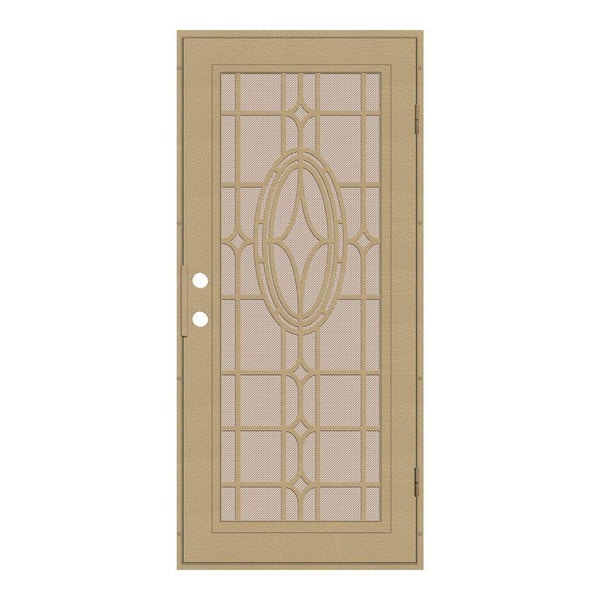 Unique Home Designs 32 in. x 80 in. Modern Cross Desert Sand Right-Hand Surface Mount Security Door with Desert Sand Perforated Screen