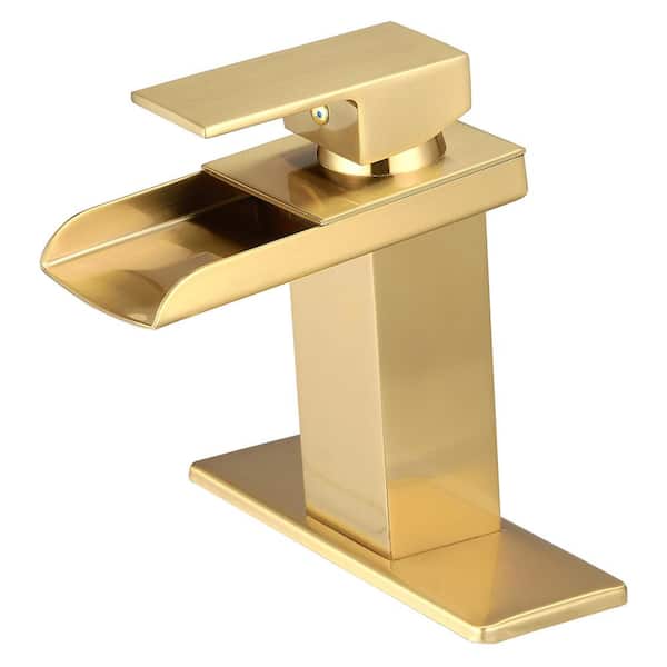 Unbranded Waterfall Single Hole Single-Handle Bathroom Sink Faucet with Supply Line and Escutcheon in Polished Gold