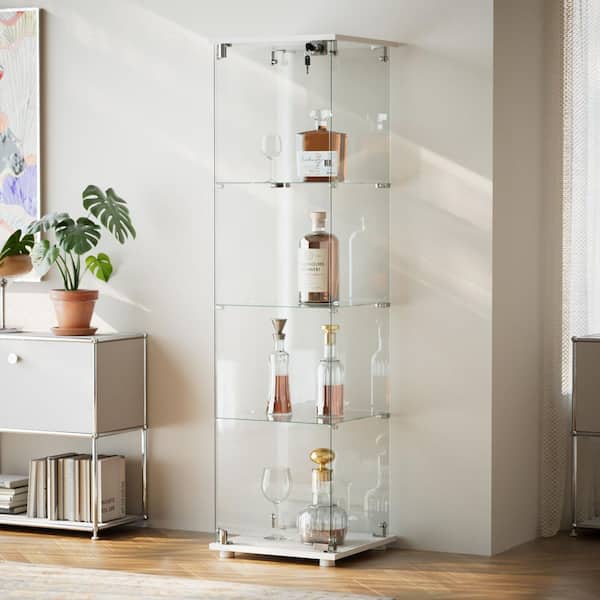 Modern White 64.2 in. Display Cabinet with 3 Shelves and Tempered Glass Door