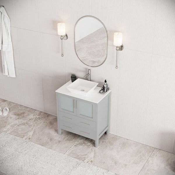 Torino 30 in. Bath Vanity in Gray with Glass Stone Vanity Top in White with White Vessel Sink