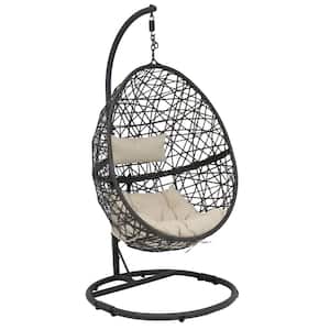 Caroline Resin Wicker Outdoor Hanging Egg Patio Lounge Chair with Stand and Beige Cushions