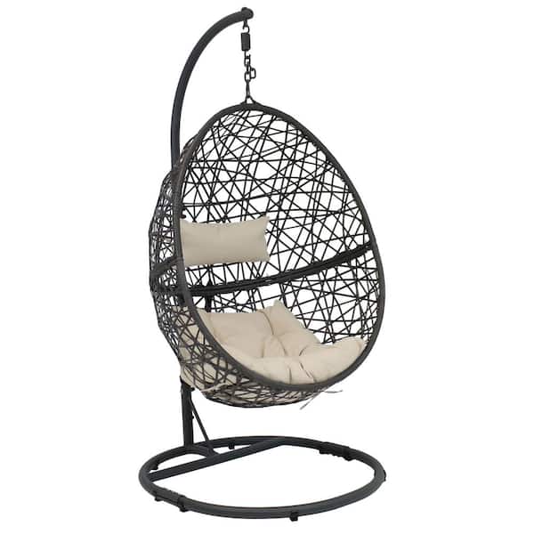 Sunnydaze Decor Caroline Resin Wicker Outdoor Hanging Egg Patio Lounge Chair with Stand and Beige Cushions
